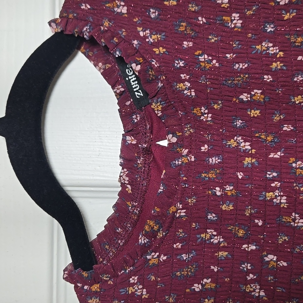 Zunie Smocked Floral Midi Dress | Juniors 14 - Fits Women’s XS–S | Wine Berry - Picture 6 of 17
